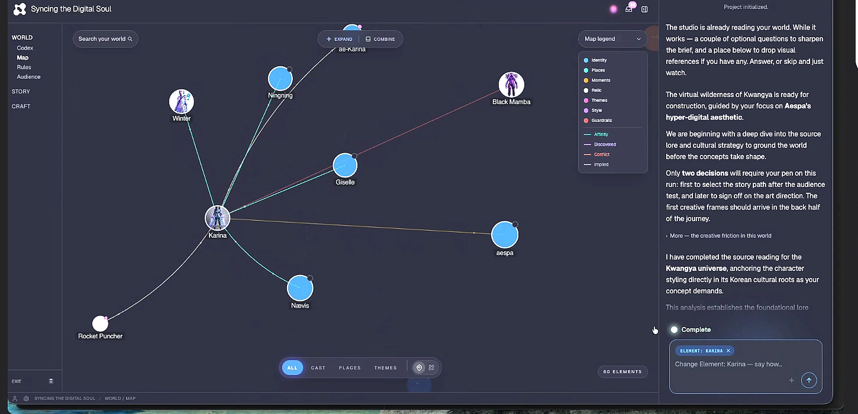 캐릭터 중심 관계와 Expand, Combine 동작을 보여주는 World Map focus