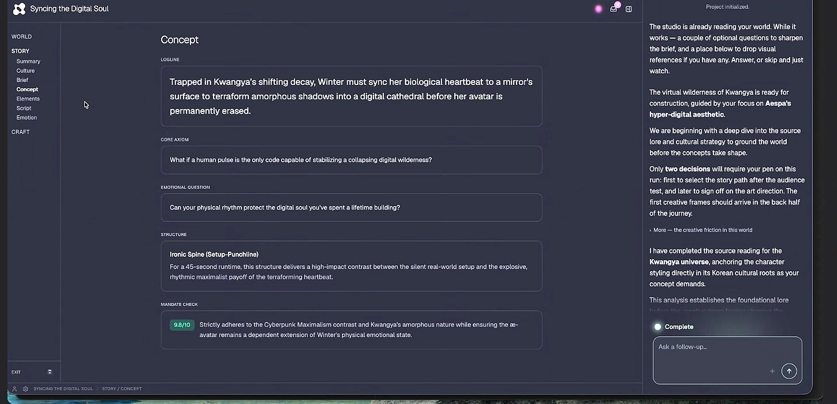 Logline, Creative question, Emotional question, Structure, Mandate check을 보여주는 Concept 화면