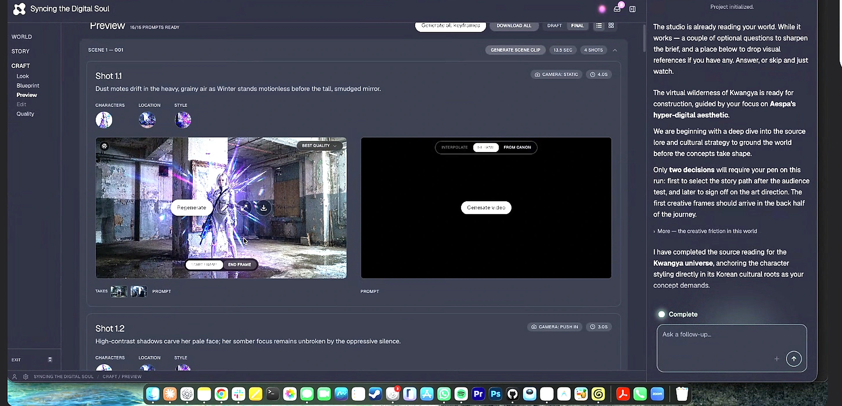 Keyframe, Generate video, Fast와 Best 품질을 보여주는 Craft Preview 화면