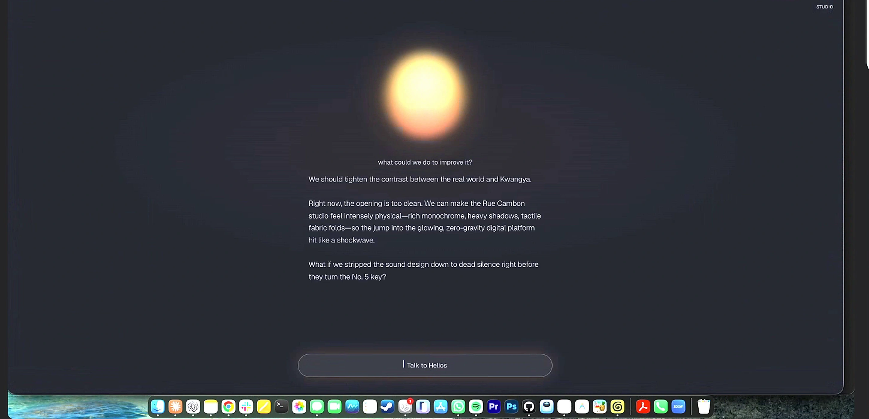 최소 UI에서 Helios 제안으로 자유 발상을 이어가는 Flow Mode 화면